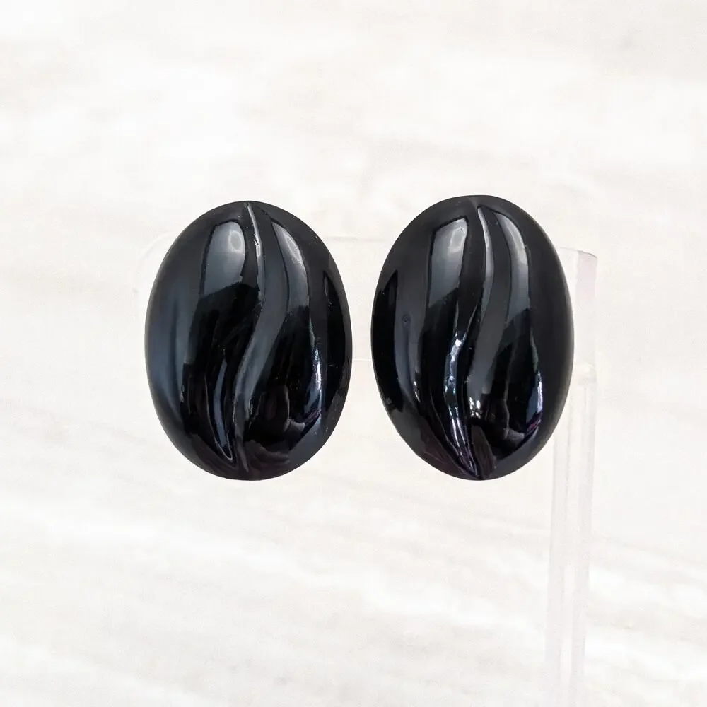 Vintage Clip On Earrings Stylish Black Large Oval - 1 & 3/8